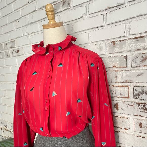 Vintage Red Teal Geometric Print Ruffle Sheer Long Sleeve Gathered Shoulder Top - Picture 1 of 11